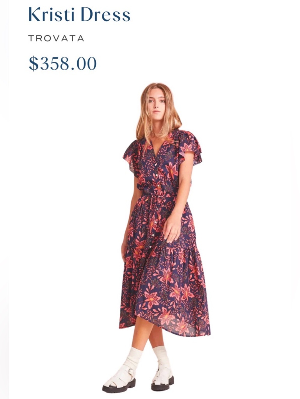 Trovata Kristy S Midi Floral Button-Front Maxi Dress in Navy and Coral